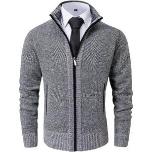 Men Cardigan Sweater Full Zip Stand Collar Slim Fit Knitted Sweater Casual